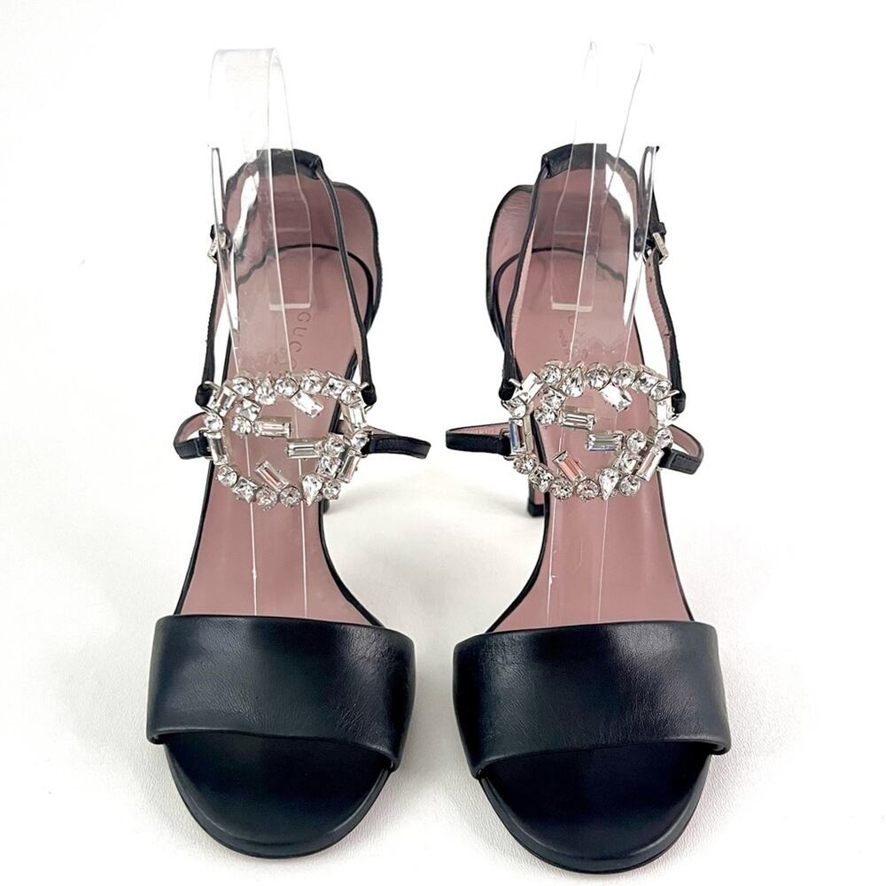 GUCCI || GG Crystal Logo Strappy Heels Black Leather Sandals EU 38 - Picture 2 of 12